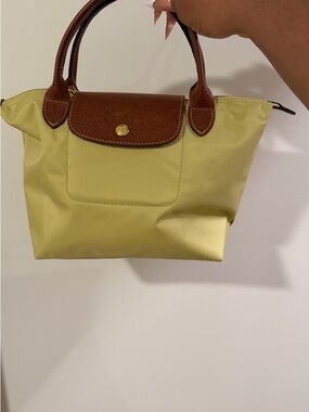 Longchamp Small Tote in Light Olive with Brown Trim
